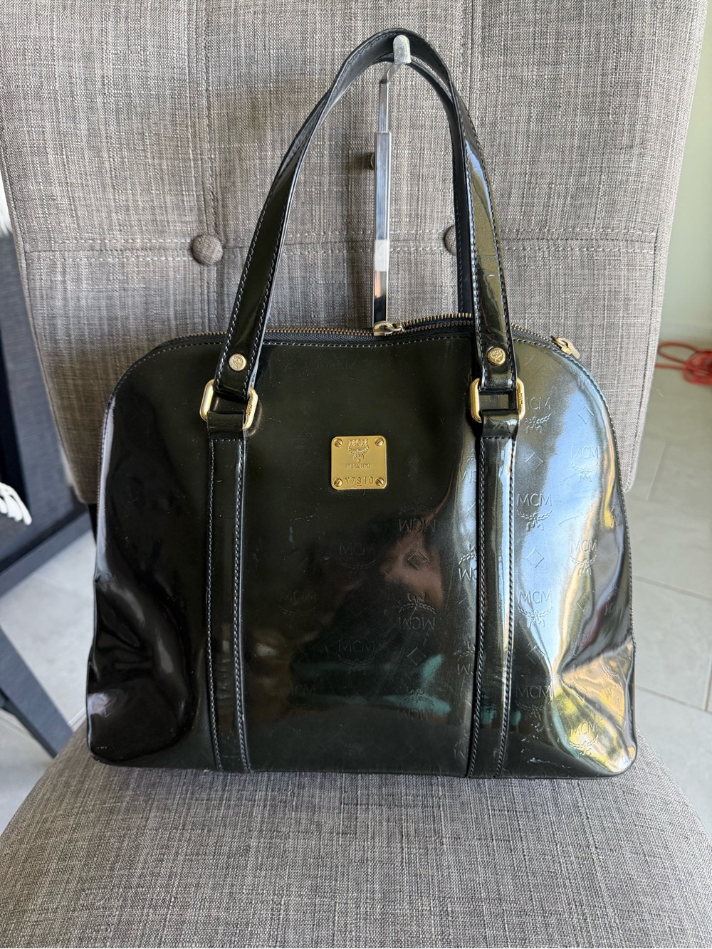 MCM Black Patent Leather Dome Tote Bag